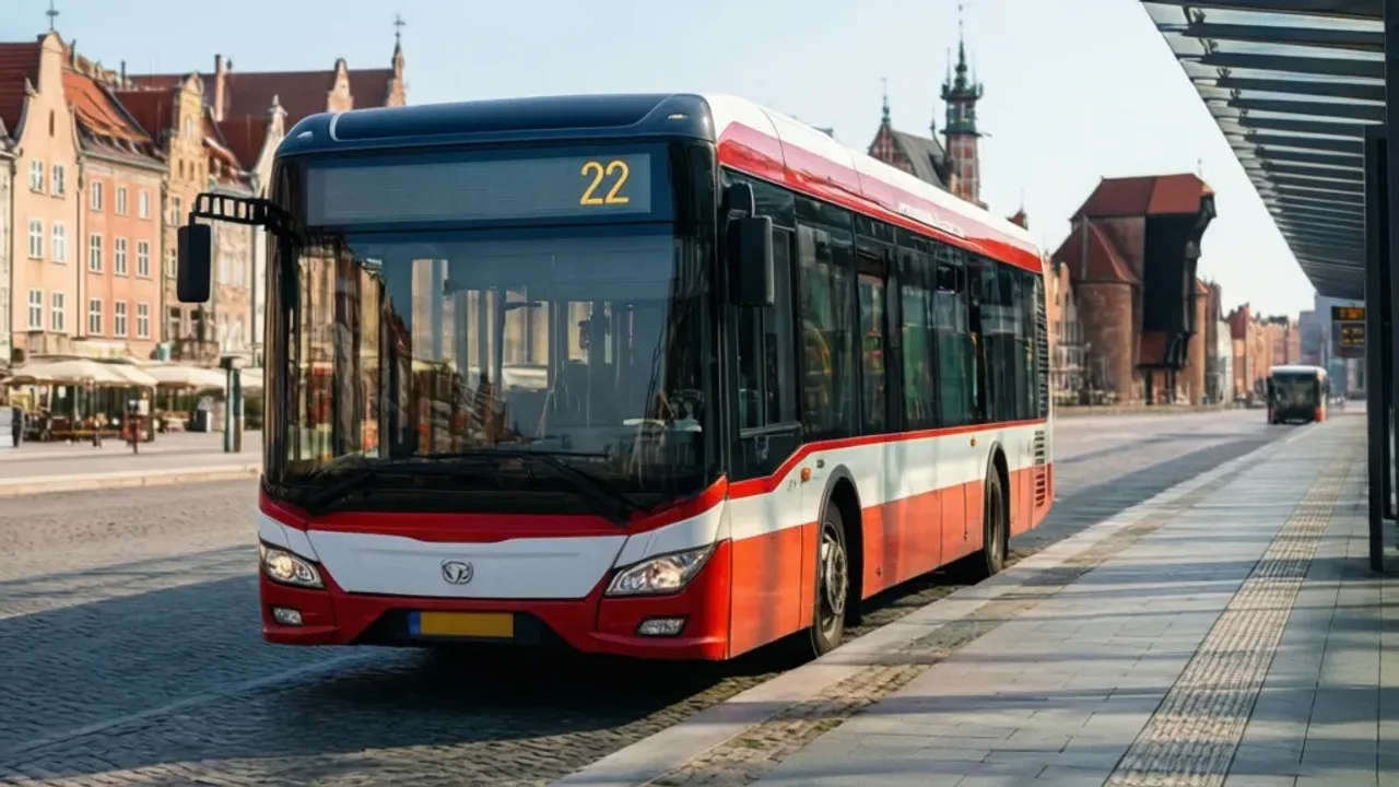 Autobus 22 w Gdańsku: czy kursuje? Praktyczny poradnik dla pasażera 2025 Nowoczesny autobus 22 zatrzymujący się na przystanku w Gdańsku z zabytkową architekturą w tle.