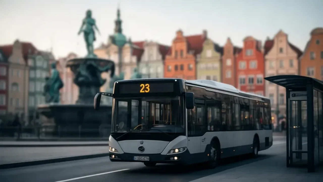 Autobus 23 w Gdańsku: aktualny rozkład jazdy i trasa w 2026 roku Nowoczesny autobus 23 zatrzymujący się na przystanku w centrum Gdańska na tle historycznej architektury.