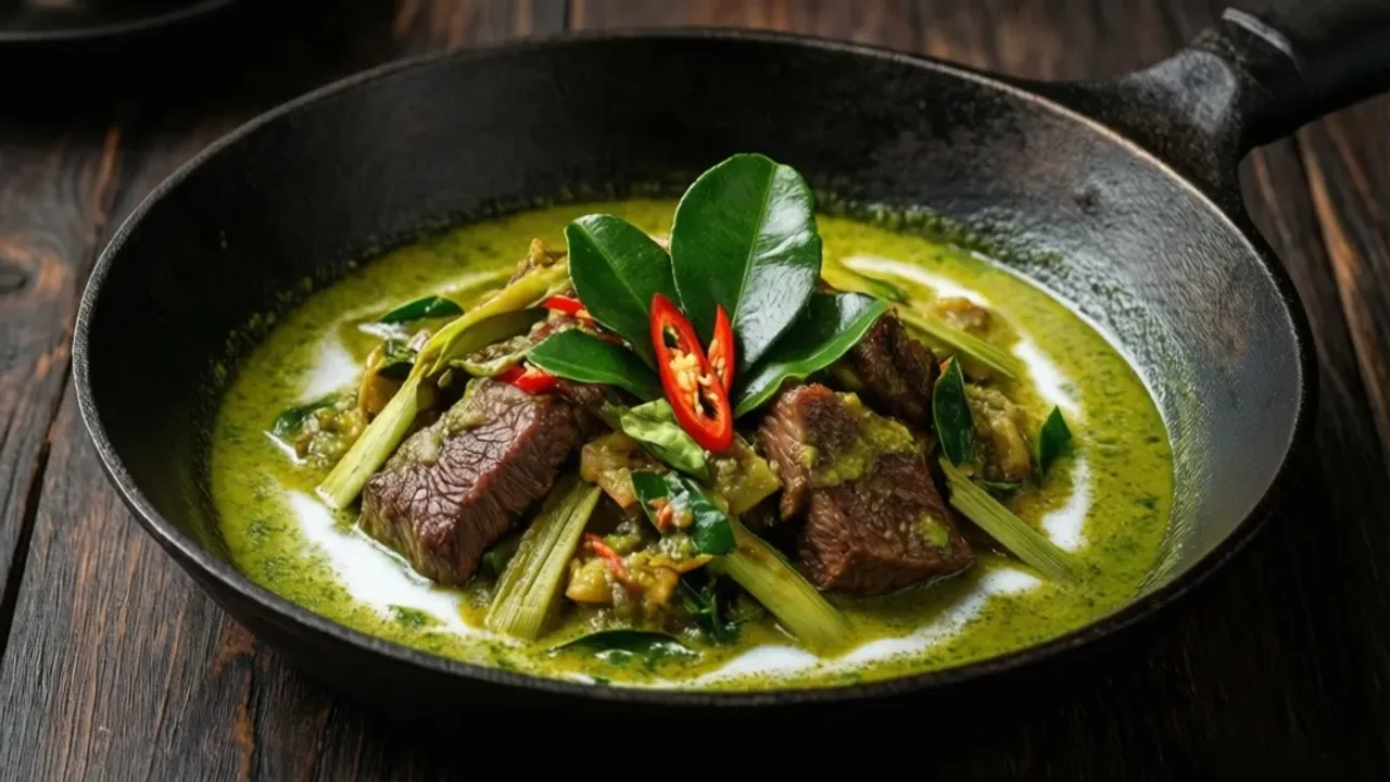 Cielecina po tajsku: Praktyczny poradnik wyboru i przygotowania dania Cielecina po tajsku serwowana w żeliwnym woku z aromatycznym sosem curry i świeżymi ziołami.