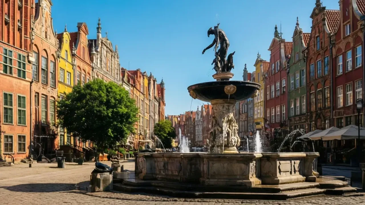 Co się dzieje w gdańsku w weekend? Praktyczny przewodnik po mieście Widok na Fontannę Neptuna i historyczne kamienice podczas Jarmarku św. Dominika, ilustrujący to, co się dzieje w gdańsku w weekend.