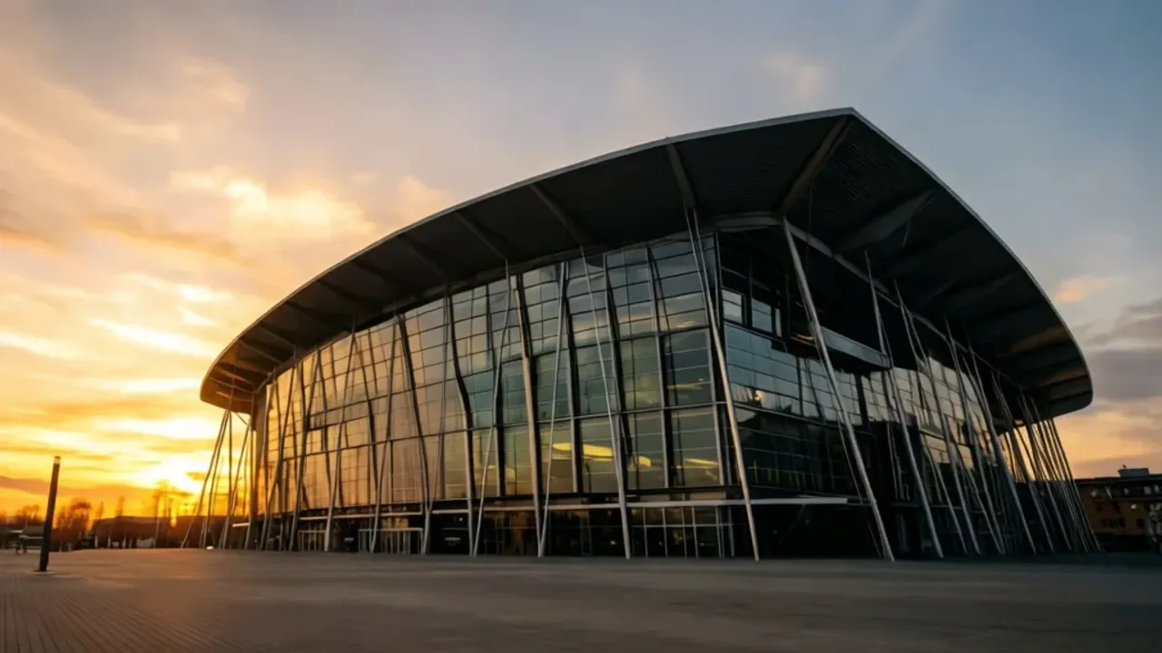 ERGO ARENA: Kompletny przewodnik i fakty techniczne obiektu Zewnętrzna bryła ERGO ARENA z charakterystycznym dachem oświetlona wieczorową porą.