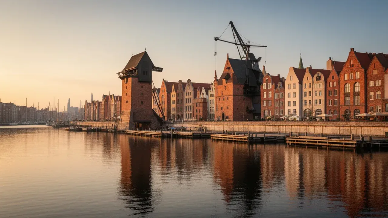 Gdańsk rzeka: kompletny przewodnik po atrakcjach i rejsach 2026 Historyczny Żuraw Gdański i Długie Pobrzeże nad Motławą, najważniejsza gdańsk rzeka w centrum miasta.