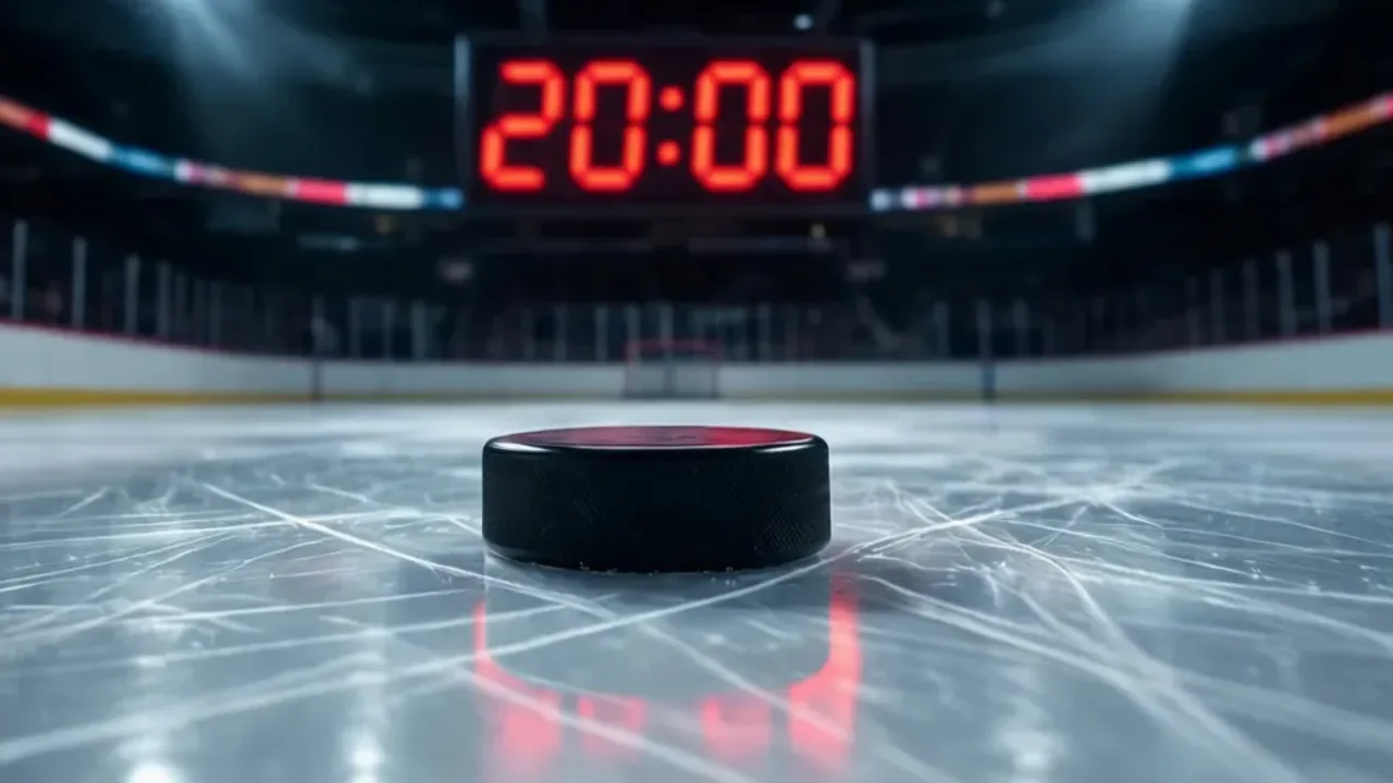 Ile trwa mecz hokeja? Praktyczny przewodnik po czasie gry i przerwach Pusta tafla lodowiska w hali sportowej z zegarem meczowym pokazującym czas, ilustrująca ile trwa mecz hokeja.
