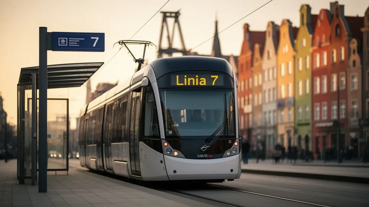 Linia 7 w Gdańsku: Czy kursuje i jak sprawdzić rozkład jazdy? Nowoczesny tramwaj oznaczony jako linia 7 na przystanku w centrum Gdańska.