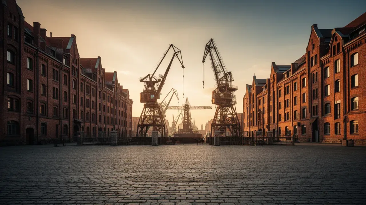 Plac Porozumienia Gdańskiego: Praktyczny przewodnik po wydarzeniach 2026 Widok na Plac Porozumienia Gdańskiego w Gdańsku z historyczną zabudową stoczniową w tle.