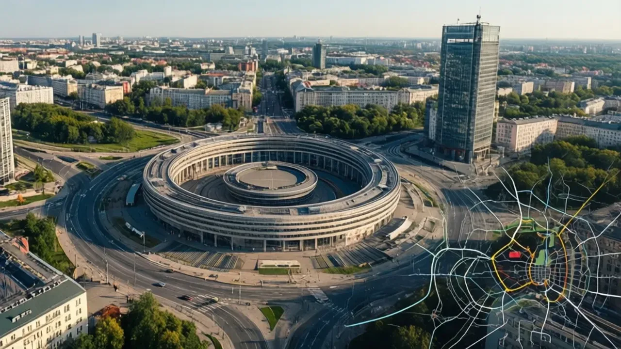 Rondo Jazdy Polskiej: praktyczny przewodnik i lista faktów (2026) Widok z lotu ptaka na Rondo Jazdy Polskiej w Warszawie z otaczającą architekturą miejską i elementami mapy transportowej Gdańska.