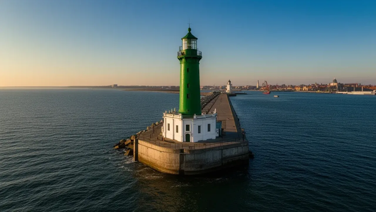 Zielona latarnia falochron zachodni nowy port – praktyczny przewodnik 2026 Zielona latarnia falochron zachodni nowy port w Gdańsku podczas zachodu słońca.