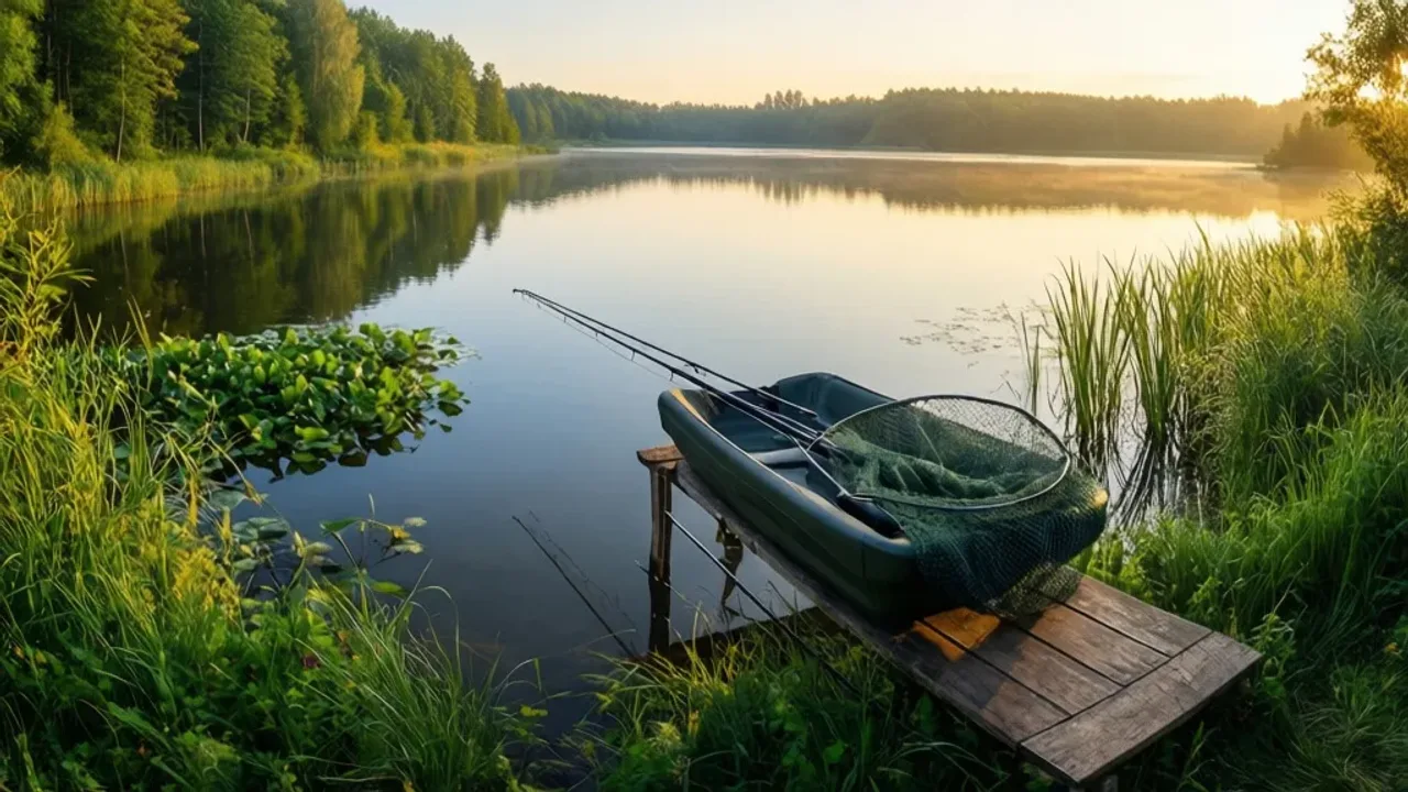 Zielona Zatoka centrum rekreacyjne: kompletny przewodnik wędkarski 2026 Widok na akwen i stanowiska wędkarskie w Zielona Zatoka centrum rekreacyjne o wschodzie słońca.