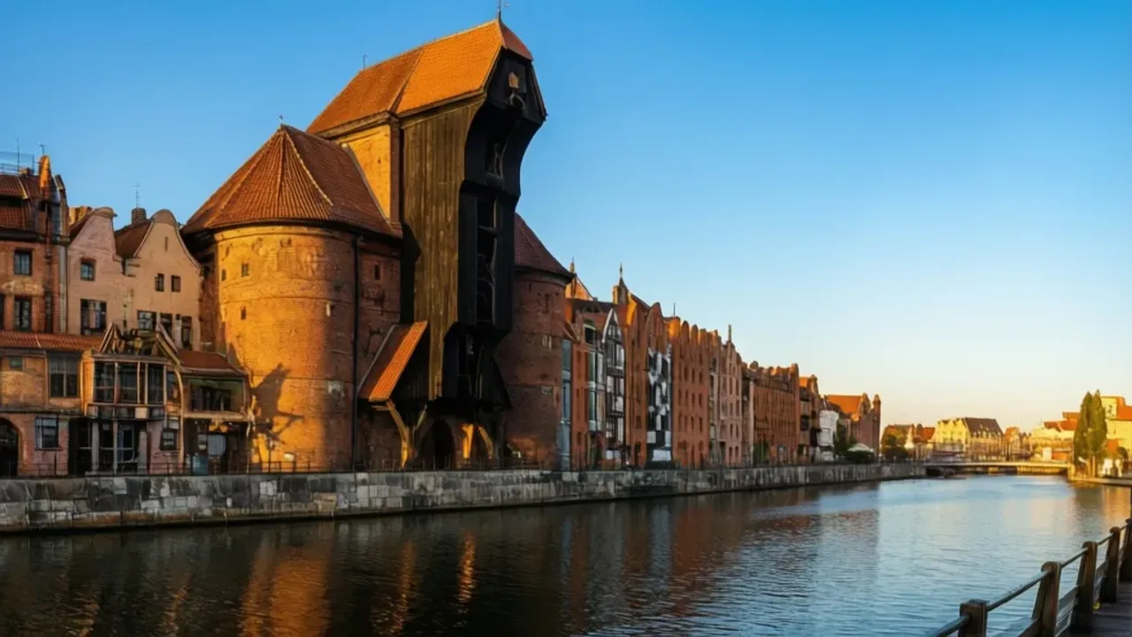 Żurawie Gdańsk: praktyczny przewodnik i lista najciekawszych miejsc Historyczny Żuraw Gdański oraz inne żurawie gdańsk nad Motławą o zachodzie słońca.